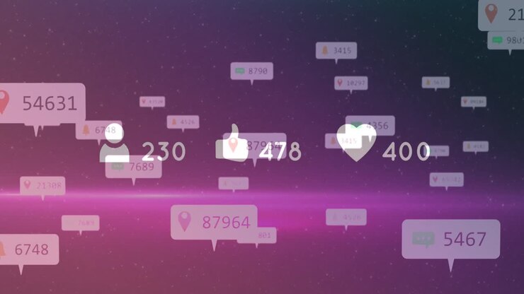 Animation of social media icons with numbers over light spots on purple background
