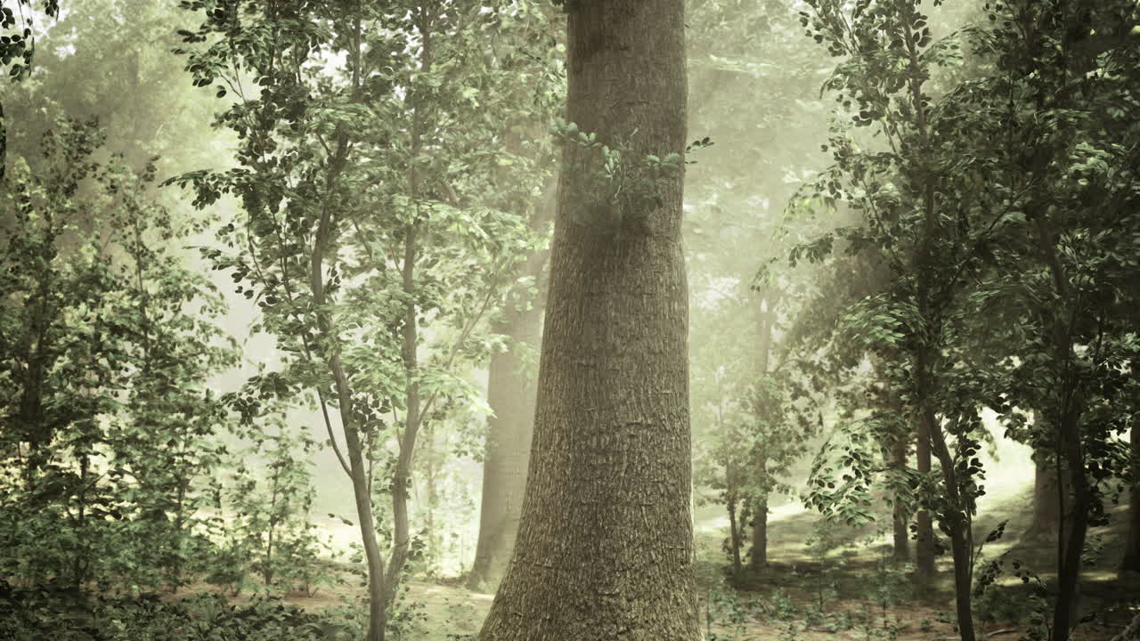 Majestic tree stands tall amidst lush forest in soft morning light