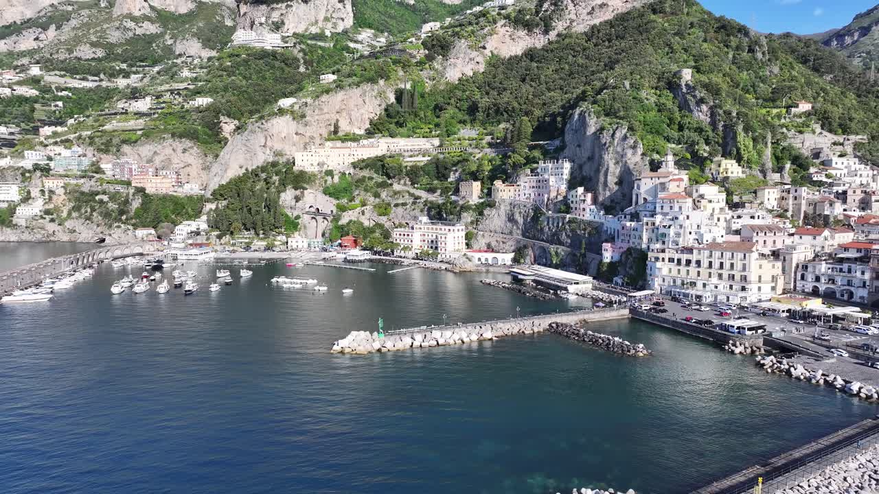 Amalfi Coast At Amalfi In Salerno Italy. Coastal City. Waterfront Landscape. Amalfi Coast At Salerno Italy. Beach Scenery. Medieval Buildings. Beach Skyline. Paradise Landscape.