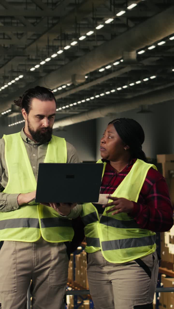 Vertical Video Two warehouse workers collaborating as a team in distribution center