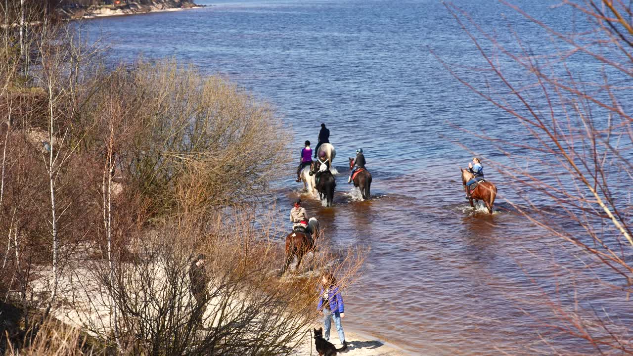 강변 에서 말 을 타고 다니는 것