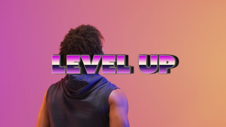 Animation of level up text over basketball player on neon background