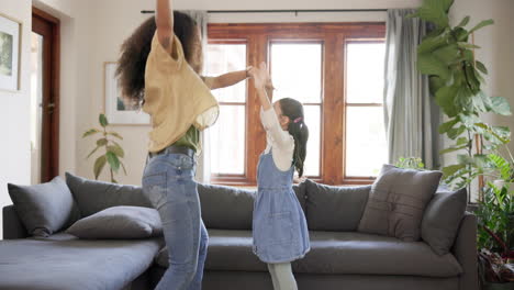 Dance,-excited-and-mother-with-daughter-in-home