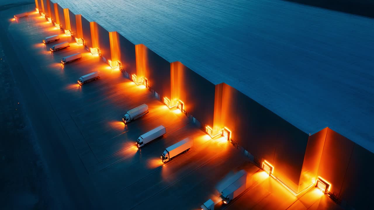 Aerial View of Illuminated Warehouse with Trucks Loading and Unloading at Dusk, Showcasing Efficient Logistics Operations and Modern Industrial Design in the Evening Glow