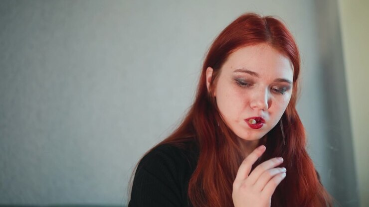 Caucasian redhead woman covers mouth in shock after tarot reading, sits in quiet studio, touches lips, eyes downcast, expressions shift from surprise to pensive worry, mood tense mystical, hints