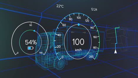 animation of interface with charging battery icon and speedometer over truck