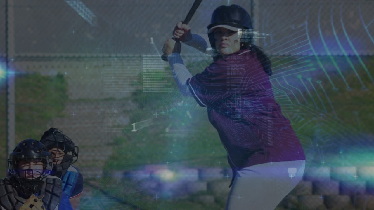 Animazione di elaborazione dati sopra diverse giocatrici di baseball