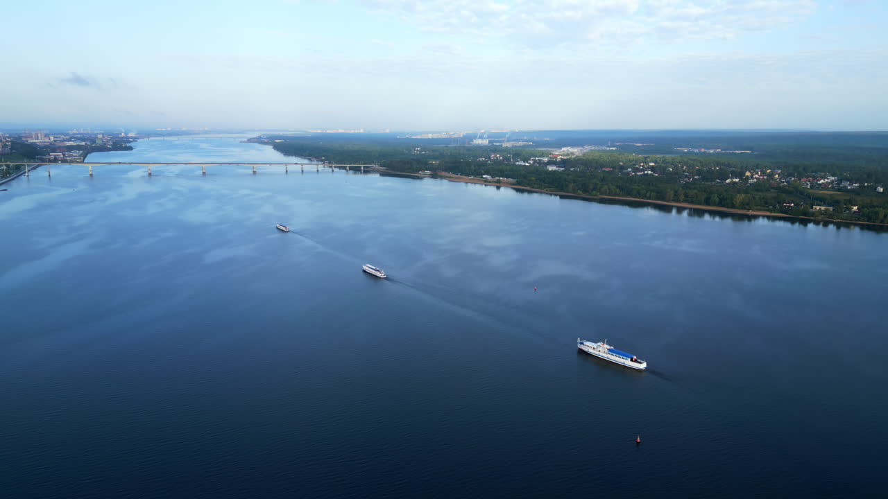 Aerial View of Ships and Bridge on a Wide River
