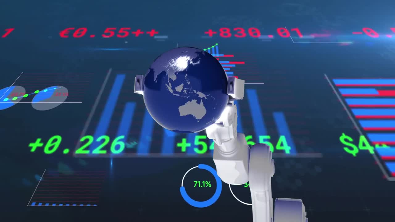 Animation of financial data processing and robot holding globe
