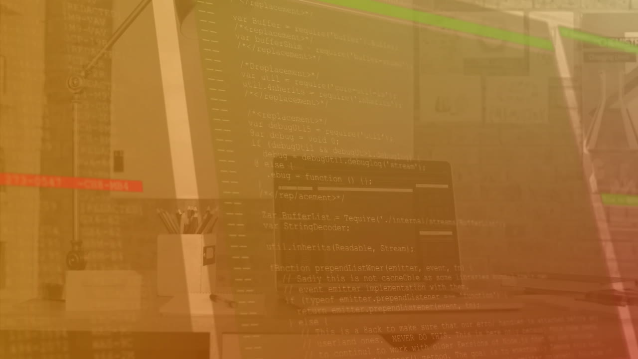 Animation of digital data processing over computer on office desk