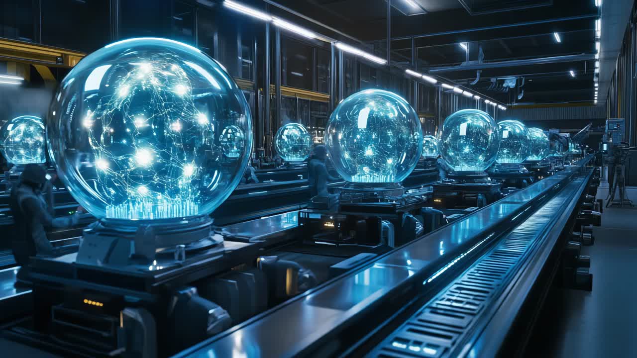 Futuristic Manufacturing Process with Glowing Spheres