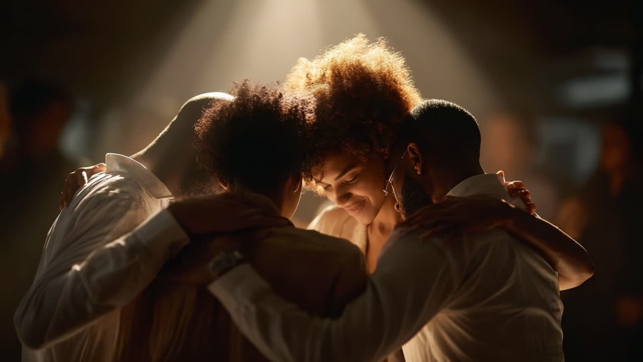 A Moment of Connection: Individuals Unite in a Heartfelt Embrace Under Ethereal Lighting, Capturing the Essence of Trust, Friendship, and Shared Emotions in an Intimate Setting
