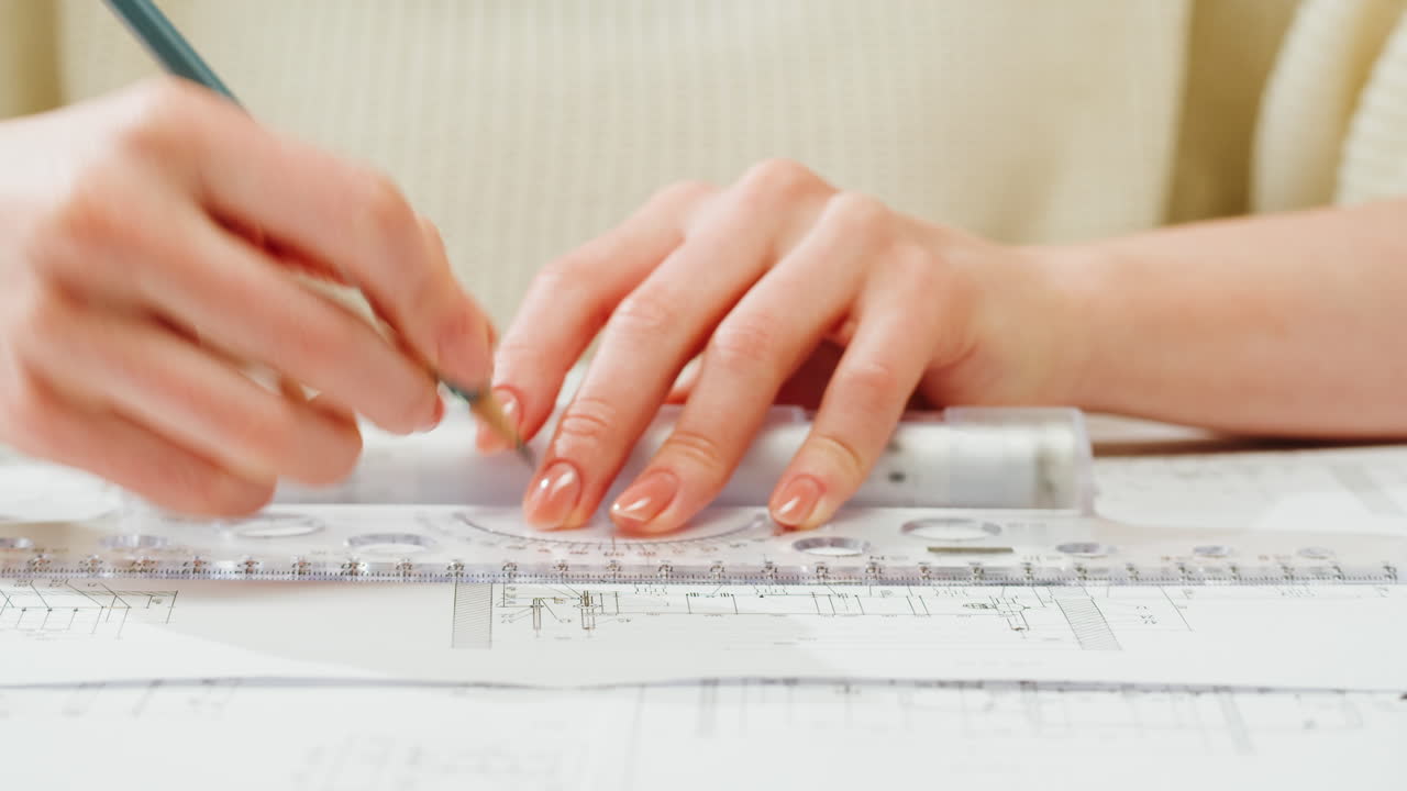 Close-up of hands drawing technical plans with a pencil and ruler