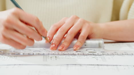 close-up of hands drawing technical plans with a pencil and ruler