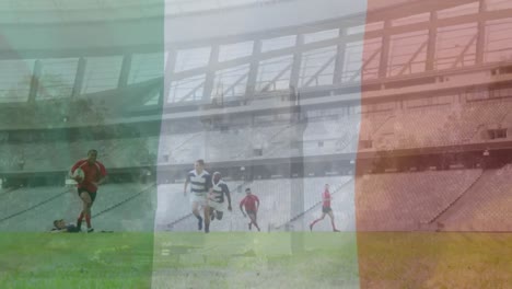 animation of flag of italy over diverse rugby players at stadium
