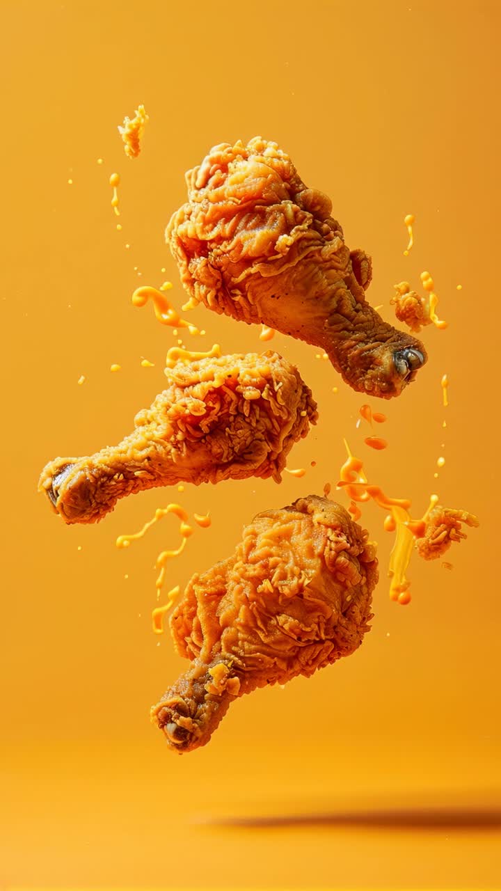 Dynamic low-angle shot of crispy fried chicken legs mid-air against a vibrant orange backdrop