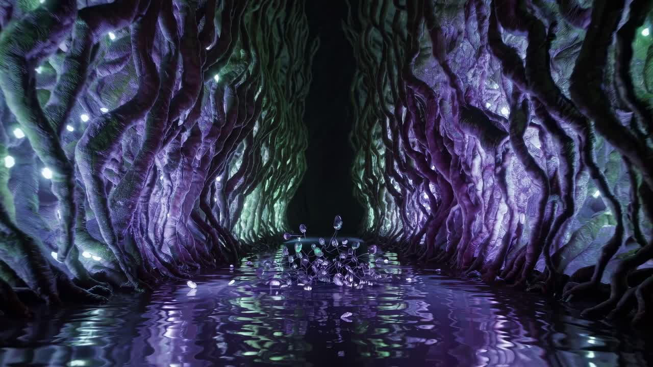 Enchanted forest scene transitions through vibrant colors and reflections, showcasing a mystical waterway surrounded by illuminated foliage and twisting branches