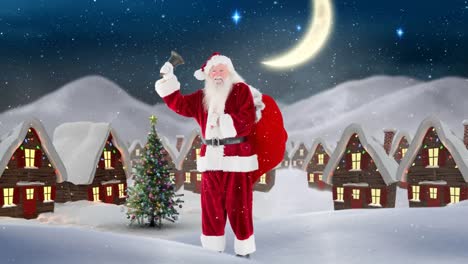 santa claus frente a las casas decoradas en el paisaje de invierno combinado con la nieve que cae