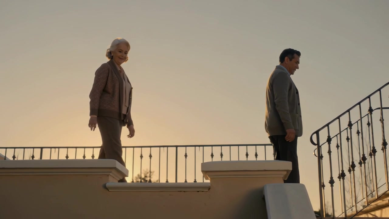 Walking woman carrying crossbody bag and man starting atop terrace stairs, heading to stair opening