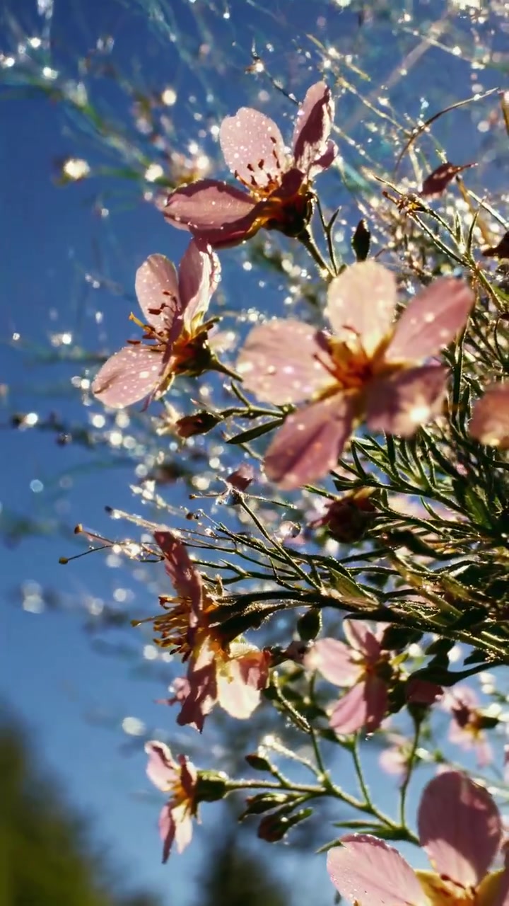 Pink Flowers with Sparkling Water Droplets Against a Blue Sky