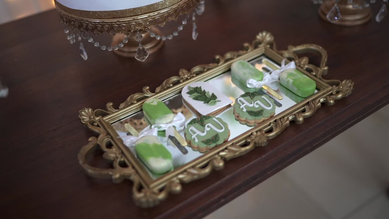 Closeup at Japanese style green tea Matcha ice cream desserts and sweet cookies