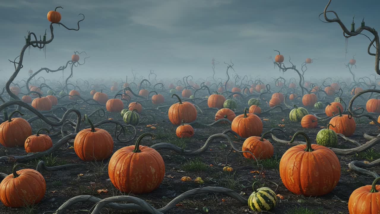 A Scenic Pumpkin Field at Dusk with Twisted Vines and Overcast Sky, Capturing the Essence of Autumnal Harvest and Seasonal Beauty in Nature's Bounty