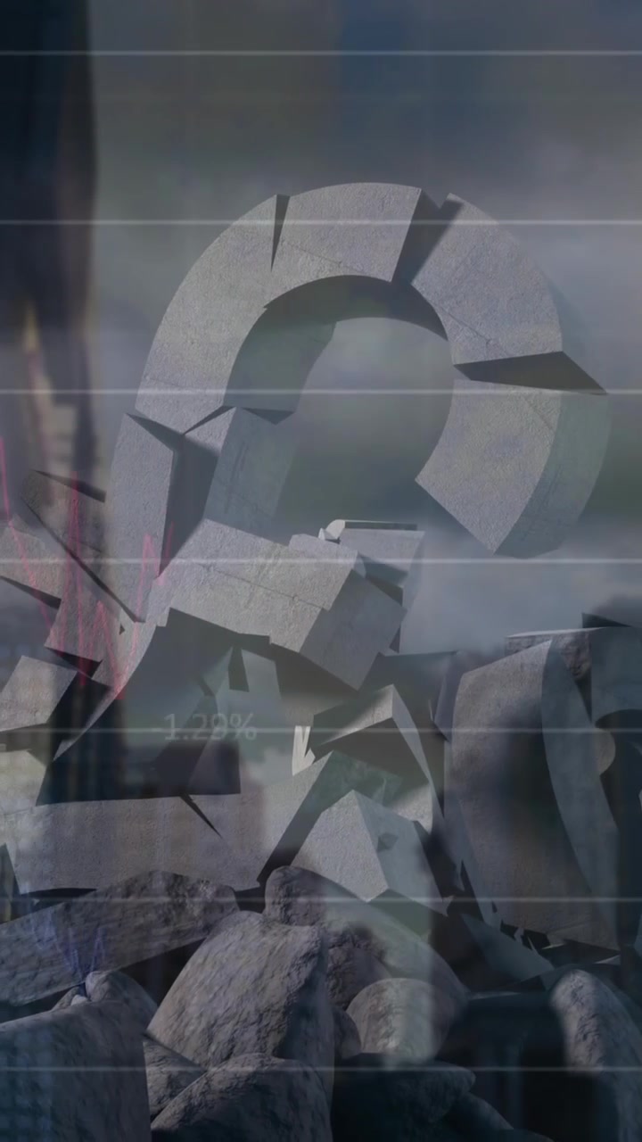 Financial Crisis Concept with Broken Pound Sterling Symbol and Fluctuating Graphs in Ruined City
