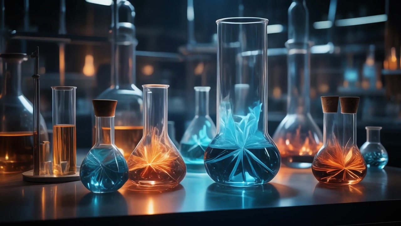 Glowing Chemical Solutions in Glass Laboratory Flasks
