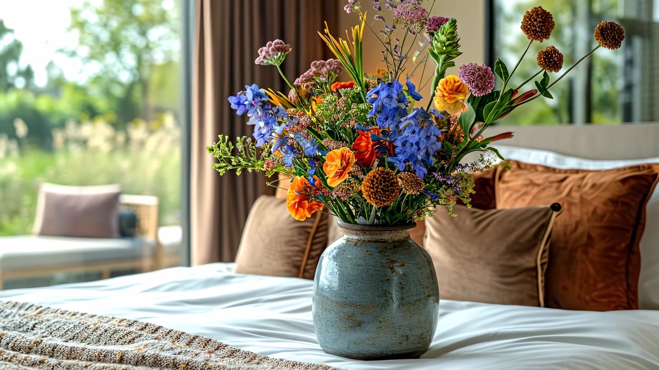 Fargerik bukett med villblomster i vase på soveromsseng. En levende bukett med friske blomster i en keramisk vase som står på en seng med hvitt sengetøy og brune puter.