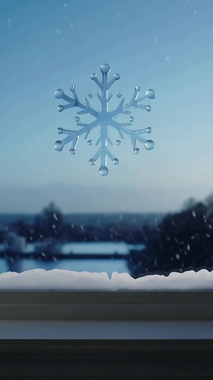 縦型動画：自宅の窓ガラスに暖かさで水滴ができ、水が流れ落ちる様子、雪の結晶のデカール。