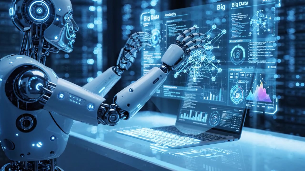 A Futuristic Robot Analyzing Big Data on a Laptop, Utilizing Advanced Predictive Analytics and Data Visualization Techniques in a High-Tech Environment