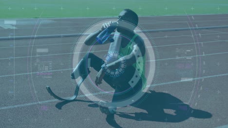 animación del procesamiento de datos digitales sobre un atleta masculino discapacitado con cuchillas de correr bebiendo agua