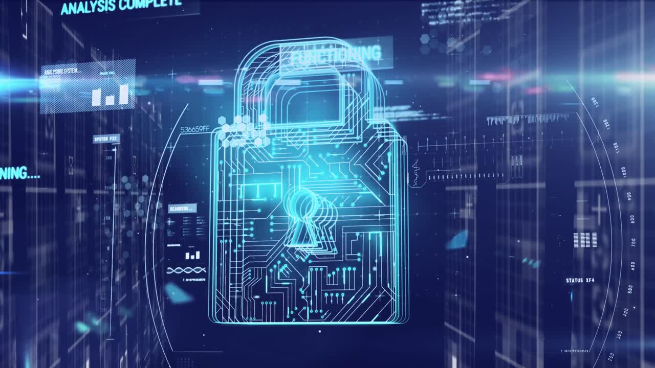 Digital animation of glowing security padlock icon and data processing against blue background