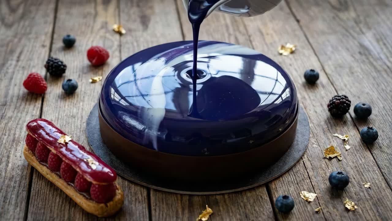 Torta glassata a specchio ed éclair ai lamponi
