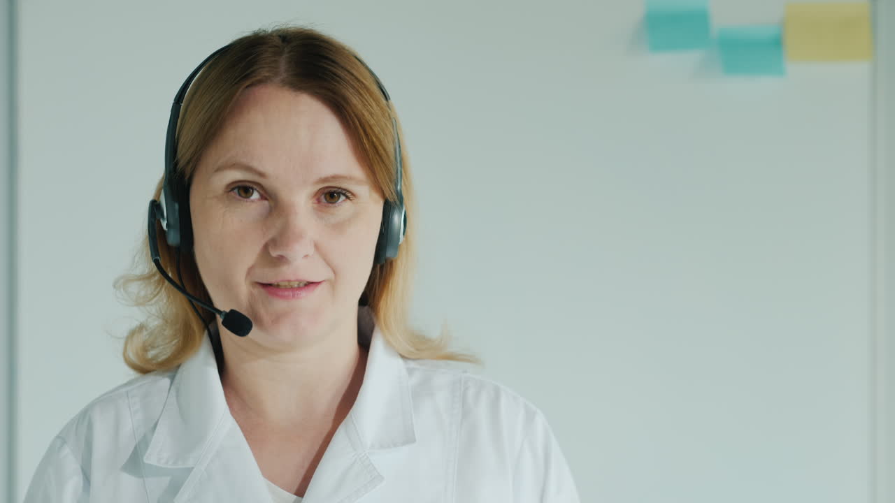 doctora en auriculares habla a la cámara