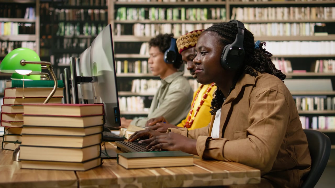 Smiling black student wearing headphones and typing at desktop monitor