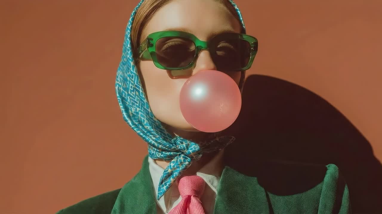 Konsep video gaya retro dengan sudut pandang close-up seorang wanita berkacamata hitam sedang meniup permen karet