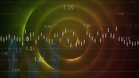 animation of data processing over colourful circles on black background