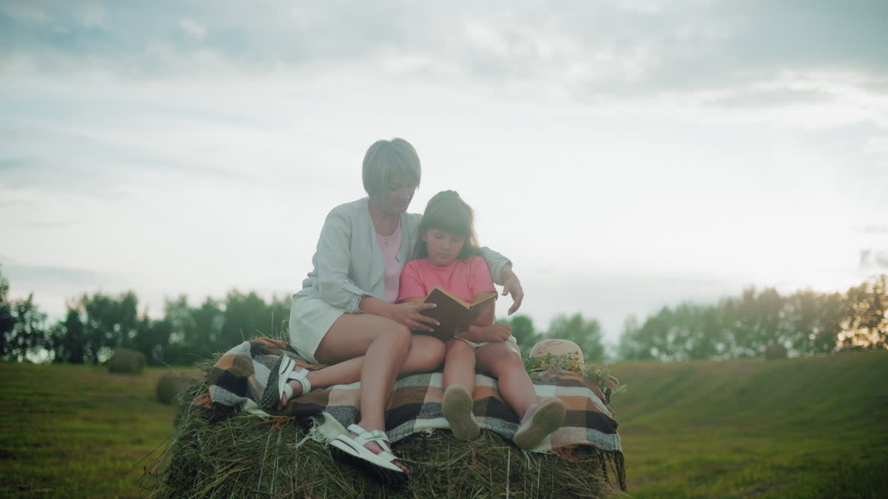분홍색 을 입은 젊은 여성과 소녀는 광활한 농장에서  에 앉아 함께 책을 읽는 부드러운 순간을 공유합니다.