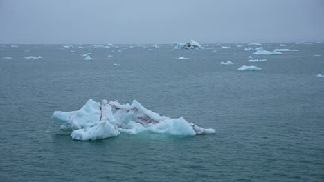 Navegando-En-El-Mar-ártico-En-Un-Día-Frío-Y-Brumoso,-Icebergs-Y-Trozos-De-Hielo-En-El-Agua,-Punto-De-Vista-Del-Pasajero-Del-Barco