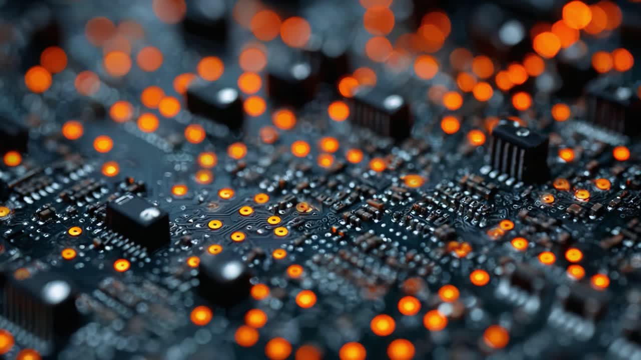An Intricate Close-Up of a Circuit Board with Glowing Orange LEDs, Showcasing the Complex Interconnection of Electronic Components and the Beauty of Modern Technology