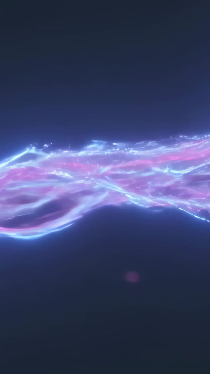 Vertical video: Starting sequence, blue-pink ribbons twisting, forming X in dark void with sparks