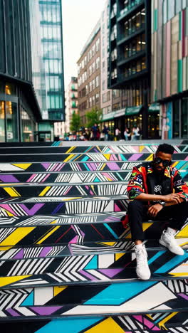 stylish man on vibrant geometric stairs in an urban setting