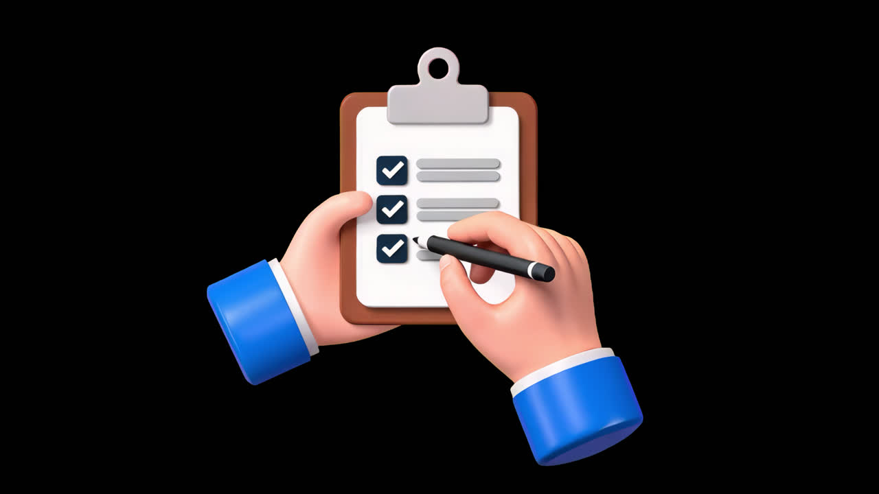 3D checklist with pen interaction animated overlay, transparent 4K video, alpha channel, ProRes 4444