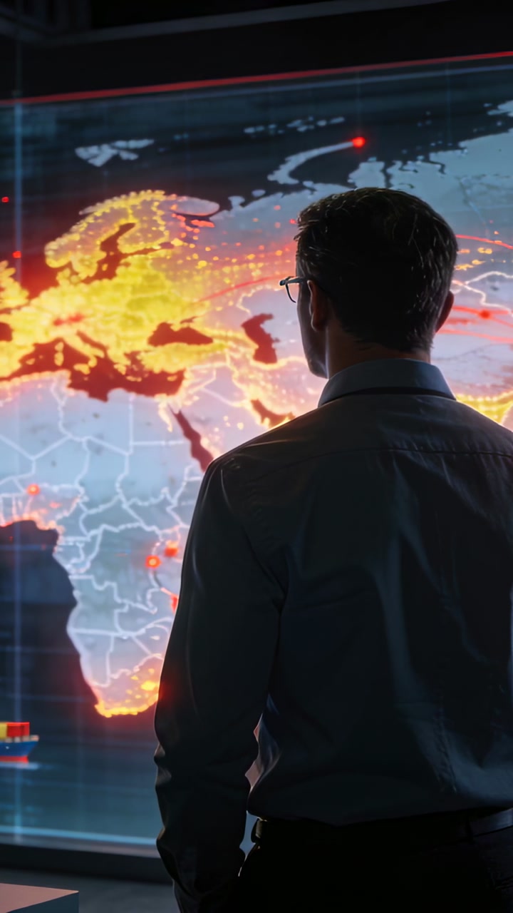 Vertical video: Watching man in shirt leaning to view map update in ops room, tracking hotspots
