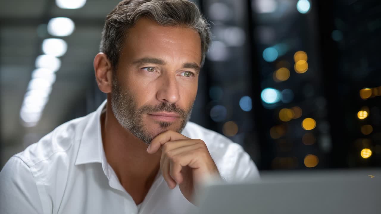 A thoughtful man in a white shirt contemplates at a laptop in a modern setting, showcasing focus and determination amidst a backdrop of soft, glowing lights