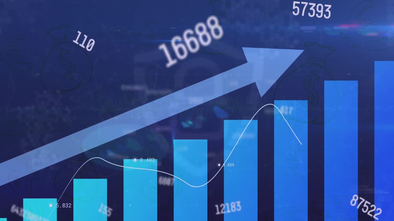 Animazione di freccia, numeri in aumento su grafico a barre su sfondo blu