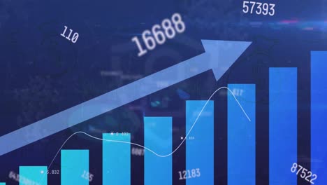 animación de flecha, números crecientes sobre gráfico de barras contra fondo azul