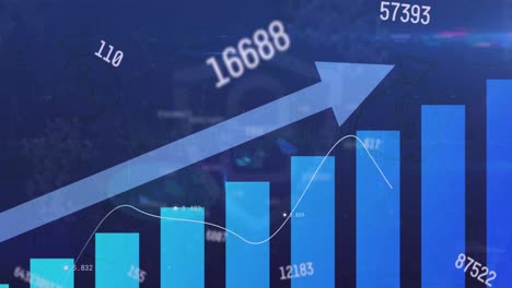 animation of arrow, increasing numbers over bar graph against blue background