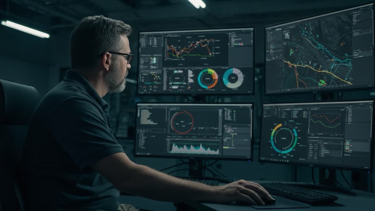 Analyzing Data Trends and Metrics: A Focused Individual Engaging with Multiple Monitors Displaying Complex Graphs and Visualizations in a High-Tech Environment